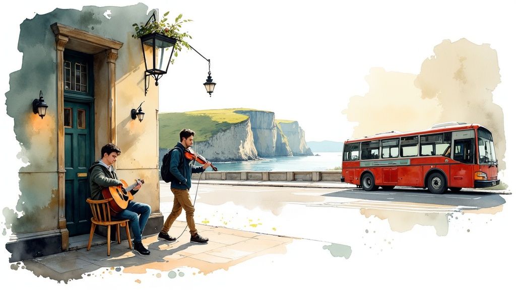Zwei Musiker am Straßenrand, einer mit Gitarre, einer mit Geige, vor einer Küstenlandschaft mit Klippen und einem roten Bus.