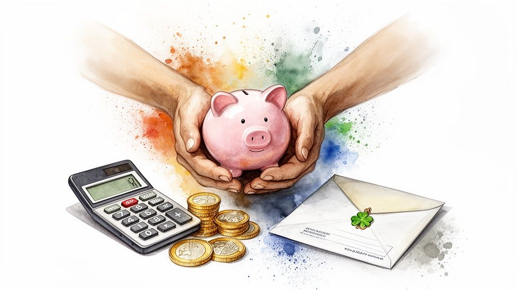 Hände halten ein rosa Sparschwein, umgeben von Rechner, Münzen und einem Umschlag mit Glücksbringer, symbolisierend Sparen und Finanzen.