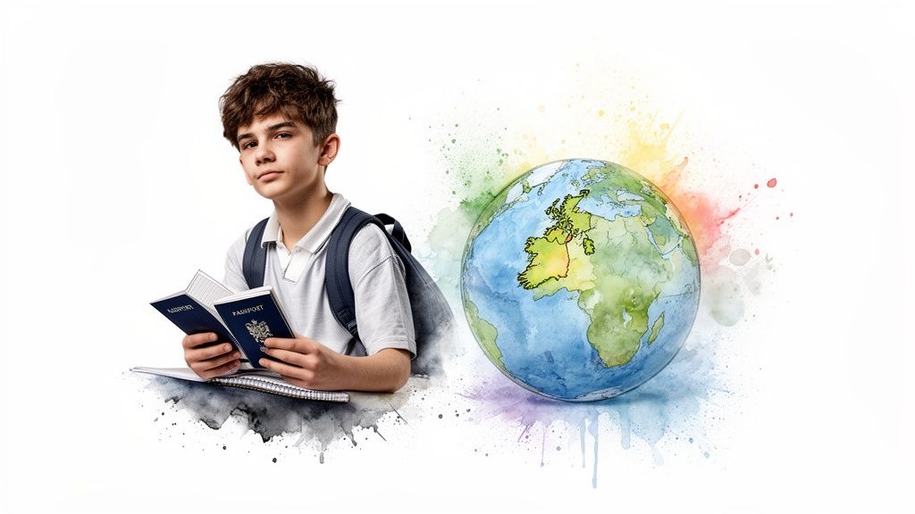 Junge mit Rucksack und Pässen vor einem Weltkugel-Aquarell, das die internationale Reise symbolisiert.