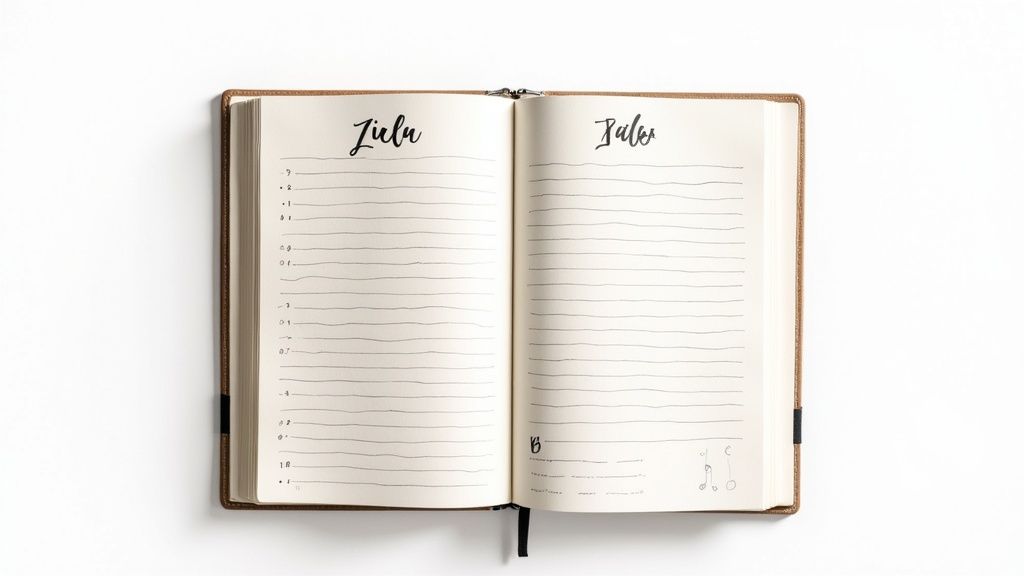 Ein offenes Notizbuch mit handgeschriebenen Überschriften 'Juli' und 'Daten', sowie linierten Seiten und kleinen Skizzen.