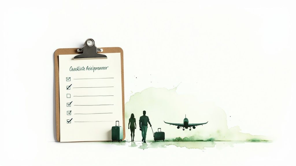 Eine Checkliste für die Reiseplanung, ein Paar mit Gepäck und ein Flugzeug symbolisieren Urlaub und Abflug.