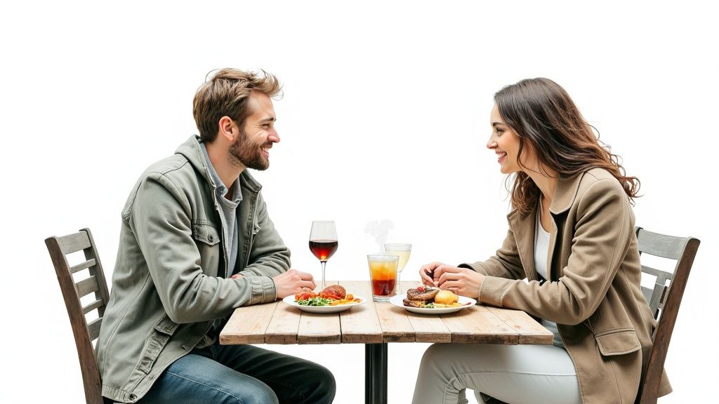 Ein lächelndes Paar genießt ein gemeinsames Essen mit Wein an einem Holztisch