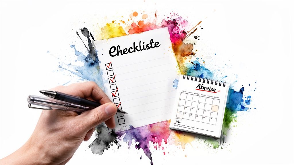 Eine Hand markiert Punkte auf einer Checkliste, daneben ein Kalender mit dem Wort 'Abreise'.