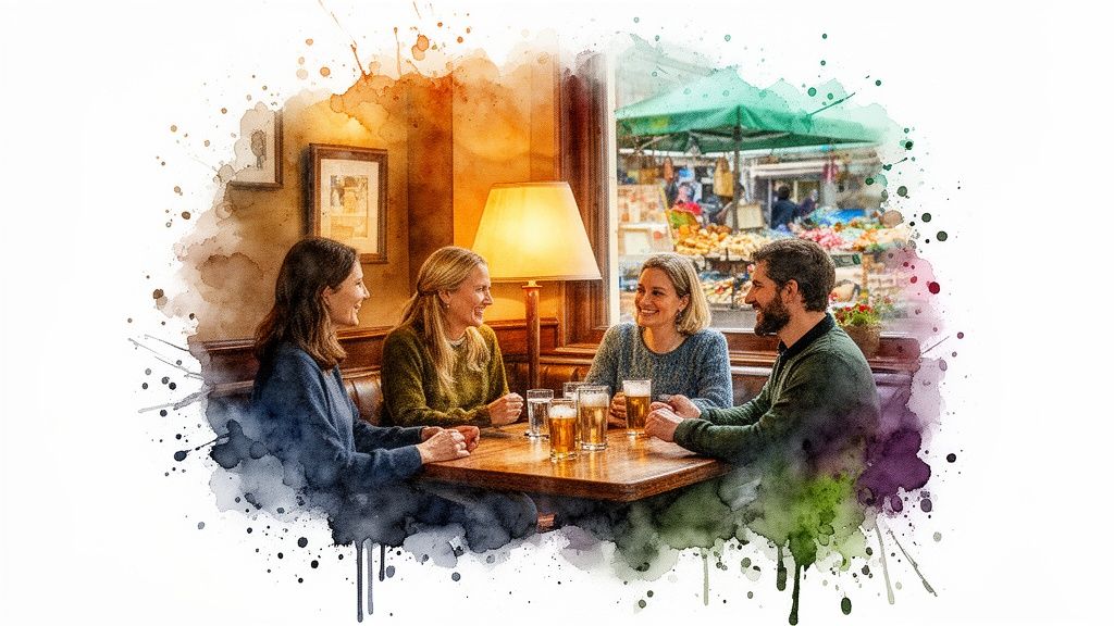 Vier Freunde sitzen lachend an einem Tisch in einem Pub, mit Blick auf einen belebten Markt. Aquarell-Stil.