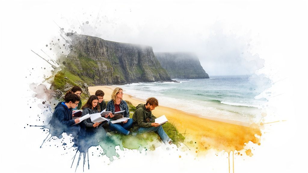 Studierende lernen an einem Strand in Donegal, Irland, umgeben von Klippen und Meer.