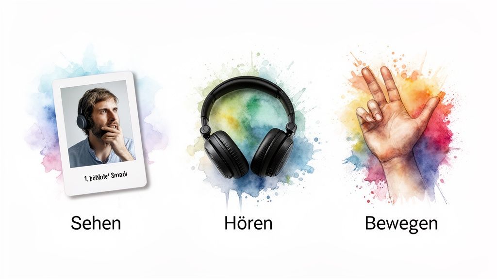 Drei Szenen: Mann mit Kopfhörern (Sehen), Kopfhörer (Hören), Handgeste (Bewegen). Visualisiert verschiedene Lernmethoden.