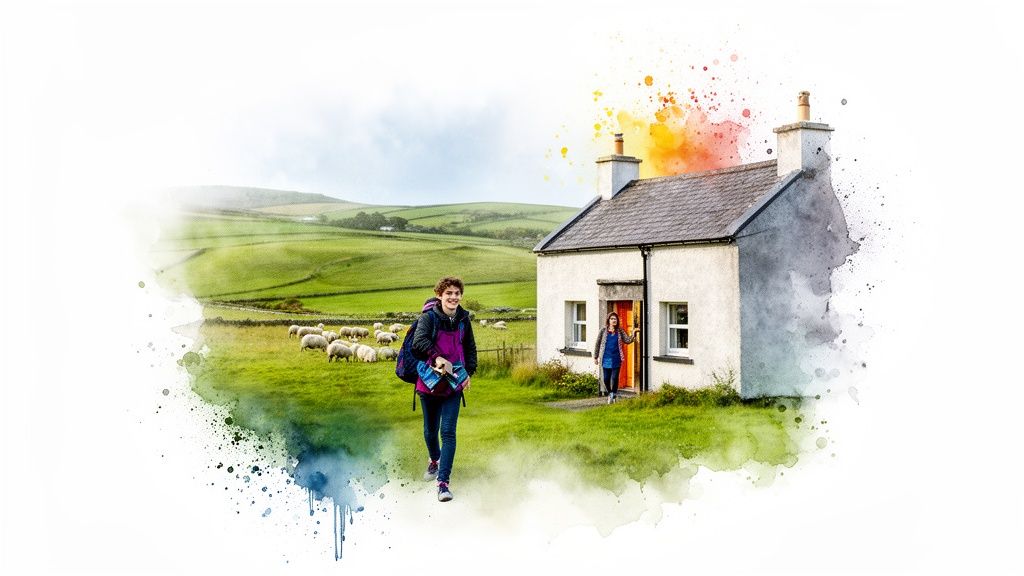 Junge Person mit Rucksack läuft auf ein idyllisches Haus zu, umgeben von grünen Hügeln und Schafen, im schönen Aquarell-Stil.