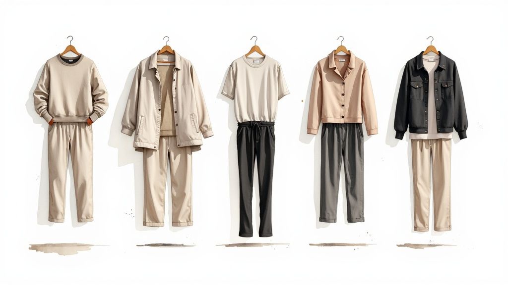 Fünf lässige Outfits für Herren, bestehend aus Pullovern, Jacken, T-Shirts und Hosen, hängen auf Kleiderbügeln.