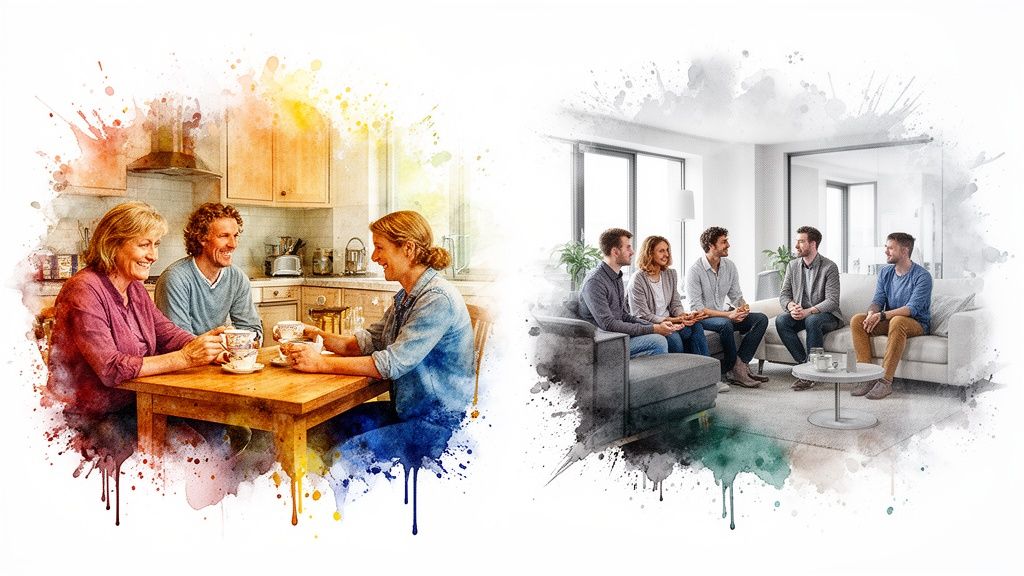 Erwachsene unterhalten sich in zwei verschiedenen Szenen, einer Küche und einem Wohnzimmer, mit Aquarell-Effekt.