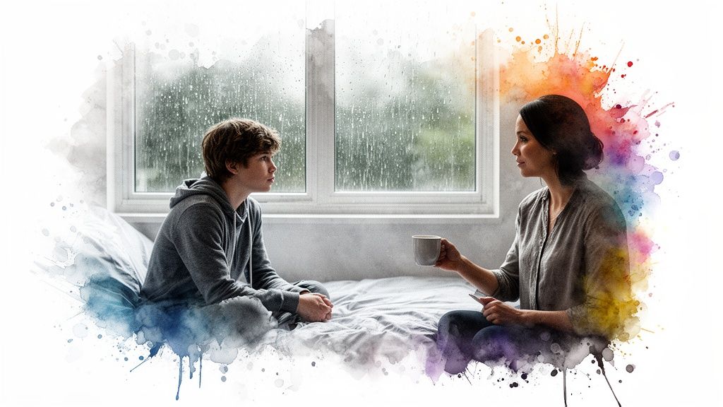 Jugendlicher und Frau reden auf Bett an regnerischem Tag, dargestellt im Aquarell-Stil.