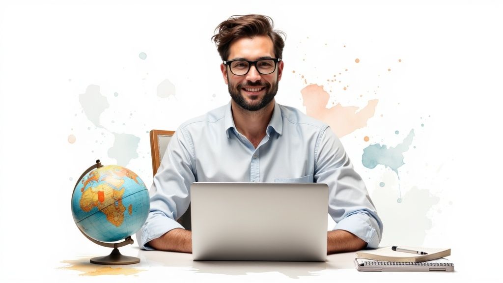 Eine Person lernt Englisch an ihrem Schreibtisch mit Notzibuch und Laptop