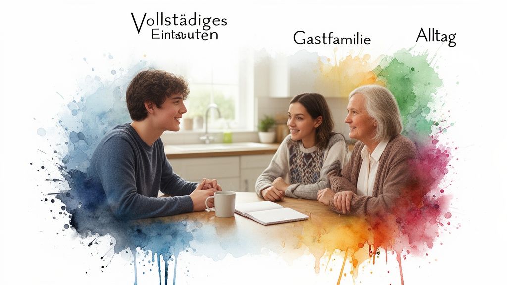 Gastfamilie im Alltag: Ein junger Mann, eine Frau und eine ältere Frau unterhalten sich an einem Tisch in der Küche.