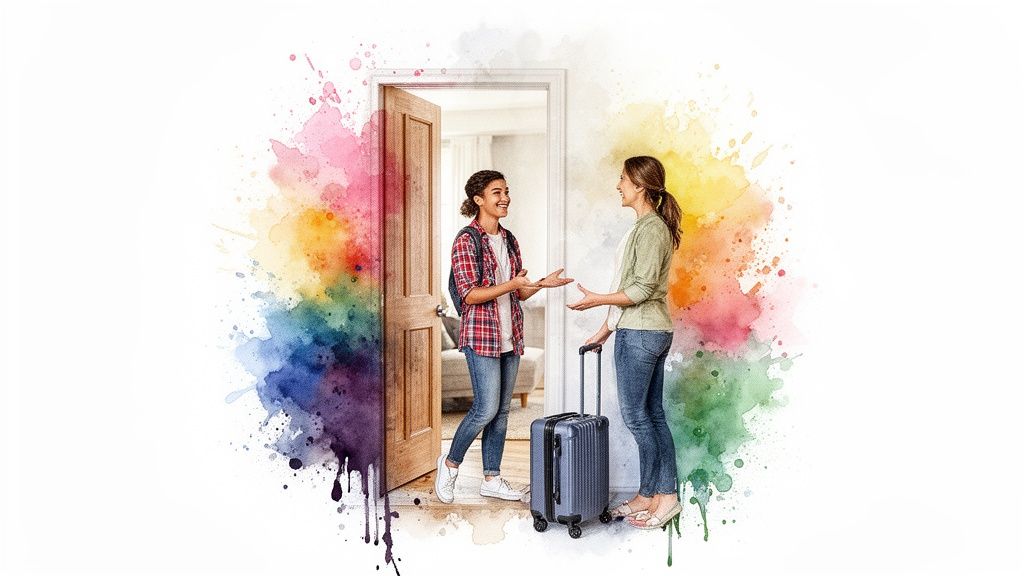 Zwei junge Frauen begrüßen sich an einer Tür, umgeben von bunten Aquarellfarben, mit Koffer und Rucksack.