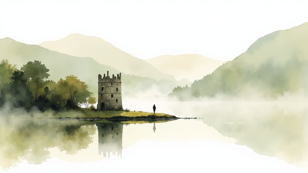 Malerisches Aquarellbild eines nebligen Sees mit Steinturm, einer Person, Bergen und Bäumen, gespiegelt im Wasser.