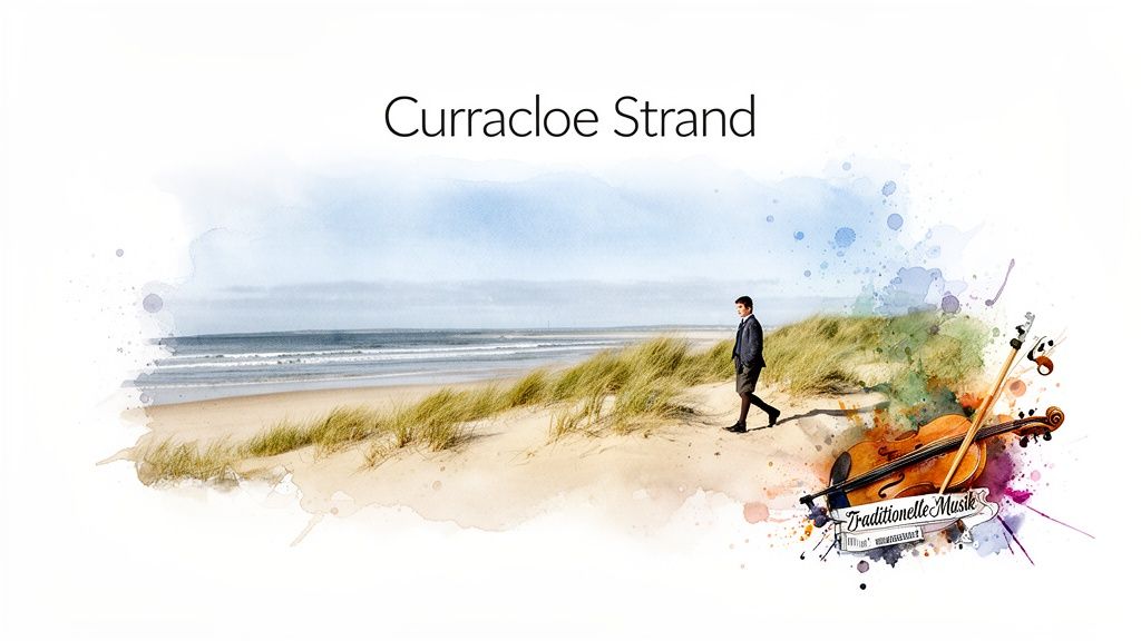 Ein Mann geht an Curracloe Strand entlang, illustriert im Aquarell-Stil mit Dünen, Meer und einer Geige.