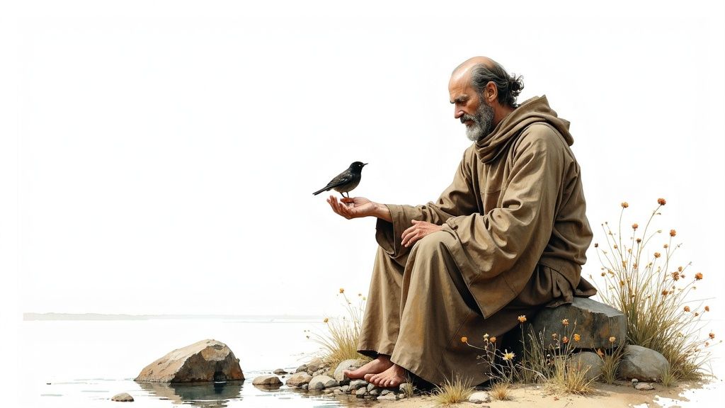 Ein Mann im braunen Gewand sitzt am Wasser, ein kleiner Vogel ruht auf seiner offenen Hand.