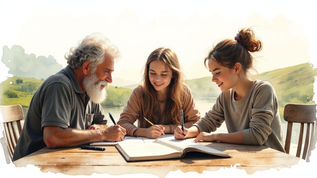 Drei Personen, darunter ein älterer Mann und zwei Mädchen, schreiben lächelnd an einem Tisch im Grünen.