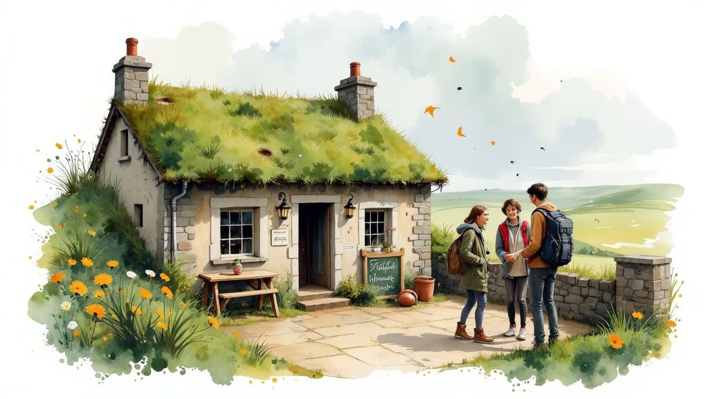 Drei Schüler unterhalten sich vor einem malerischen Haus mit Grasdach und grüner Landschaft, ideal für eine Sprachreise.