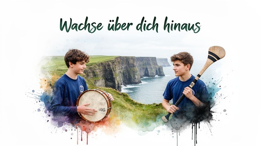 Zwei Jugendliche mit Bodhrán und Hurling-Schläger vor den Klippen von Moher, mit dem Text 'Wachse über dich hinaus'.