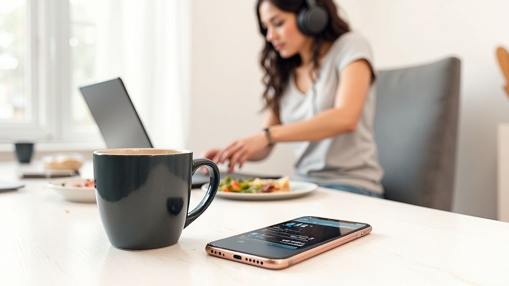 Eine Person sitzt gemütlich auf dem Sofa und liest ein englisches Buch, umgeben von Alltagsgegenständen.