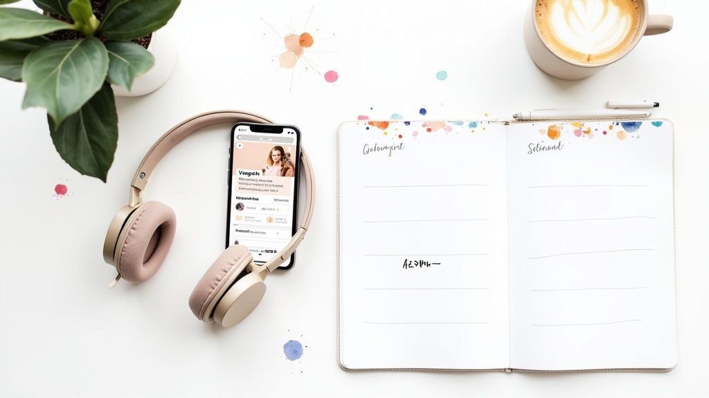 Flaches Layout eines Schreibtisches mit Pflanzen, Kopfhörern, Smartphone, Notizbuch, Stift und Kaffee.