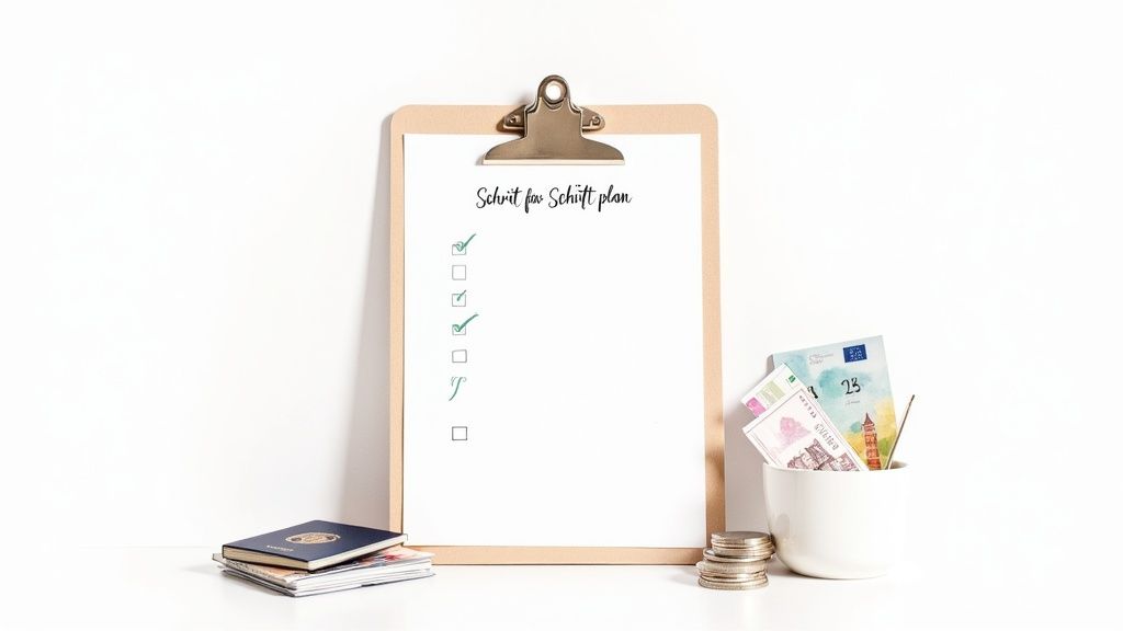Ein Klemmbrett mit einer 'Schritt für Schritt Plan'-Checkliste, Geld und Reisepass für die Reiseplanung.