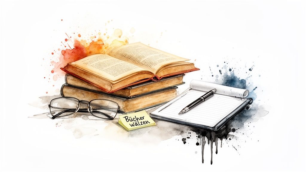 Aquarellbild mit einem Stapel Bücher, einer geöffneten Seite, Lesebrille, Notizblock, Stift und einem Post-it mit 'Bücher wälzen'.