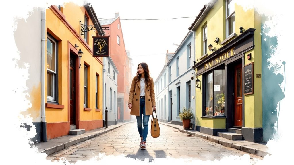Eine Frau geht eine charmante, farbenfrohe Straße in einer europäischen Stadt entlang. Bunte Häuser mit Geschäften säumen den Weg.