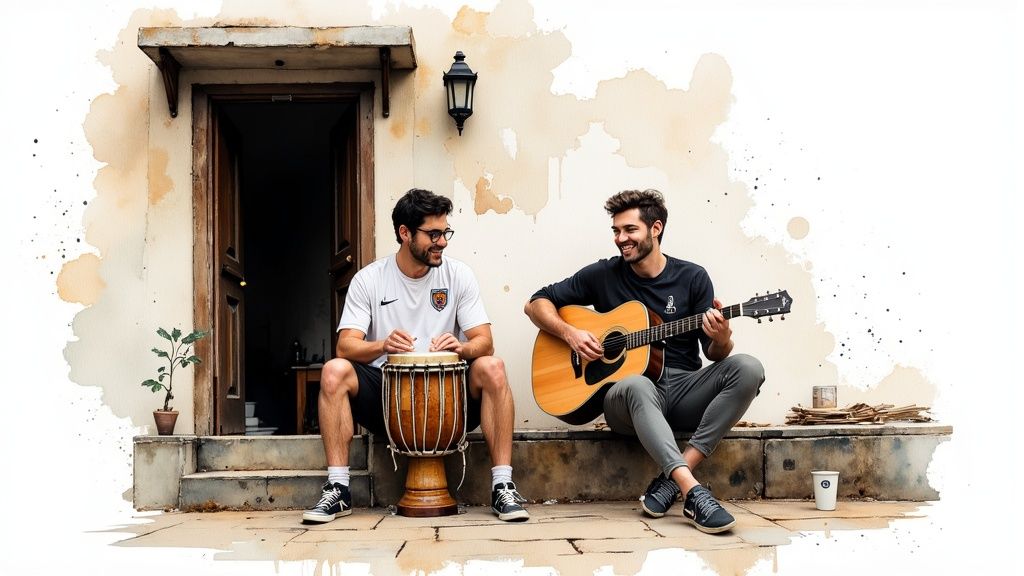 Zwei junge Männer musizieren zusammen mit Gitarre und Trommel vor einem Haus