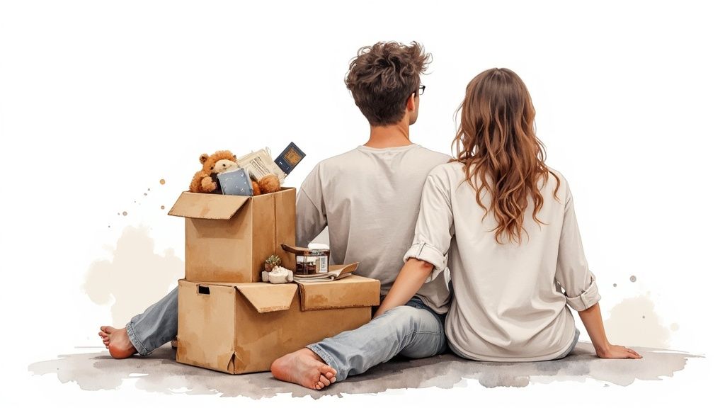 Ein junges Mädchen packt einen Koffer für ihre Reise nach Irland, umgeben von Kleidung und persönlichen Gegenständen.