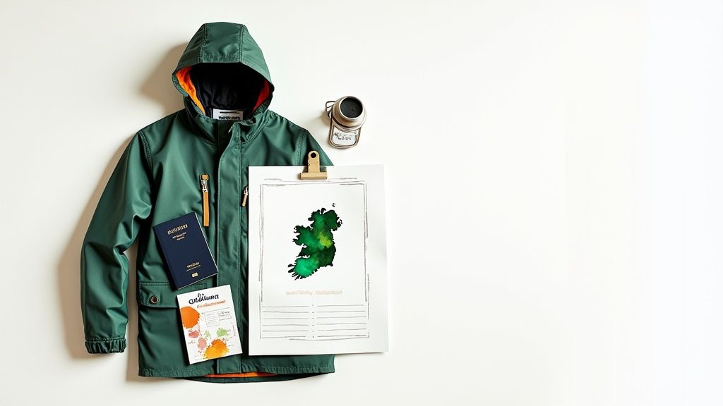 Eine Person schreibt auf eine Checkliste, im Hintergrund ist eine irische Landschaft zu sehen.