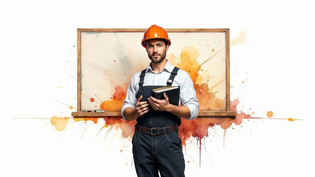 Bauingenieur mit orangefarbenem Schutzhelm hält Tablet vor künstlerischem Hintergrund mit Farbspritzern