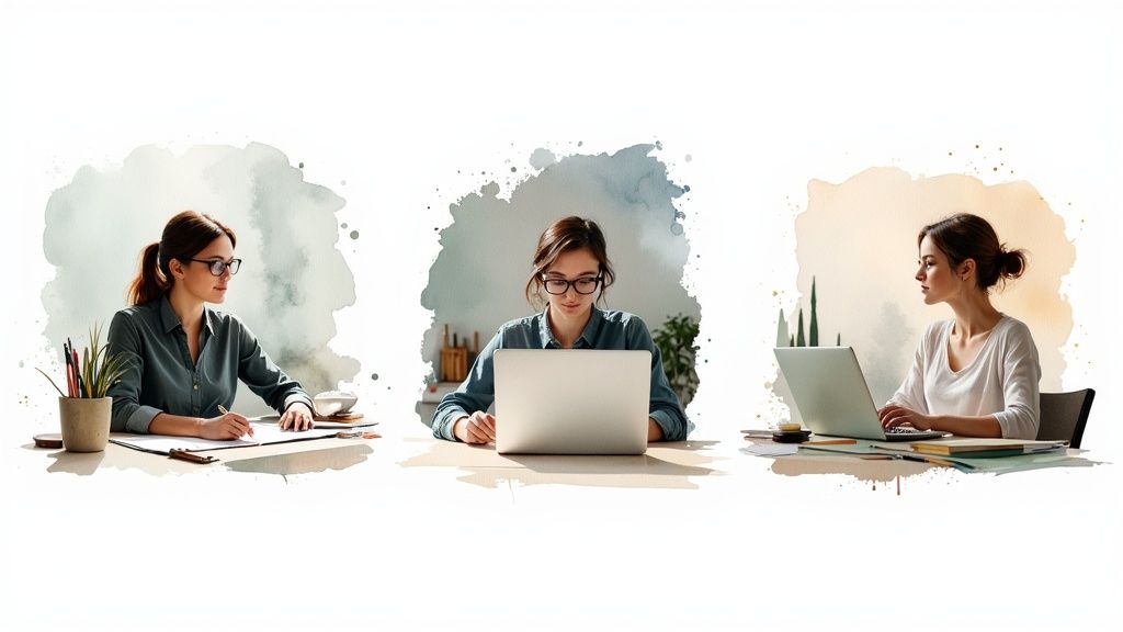 Drei junge Frauen arbeiten konzentriert an ihren Schreibtischen, zwei mit Laptops und eine schreibt Notizen.