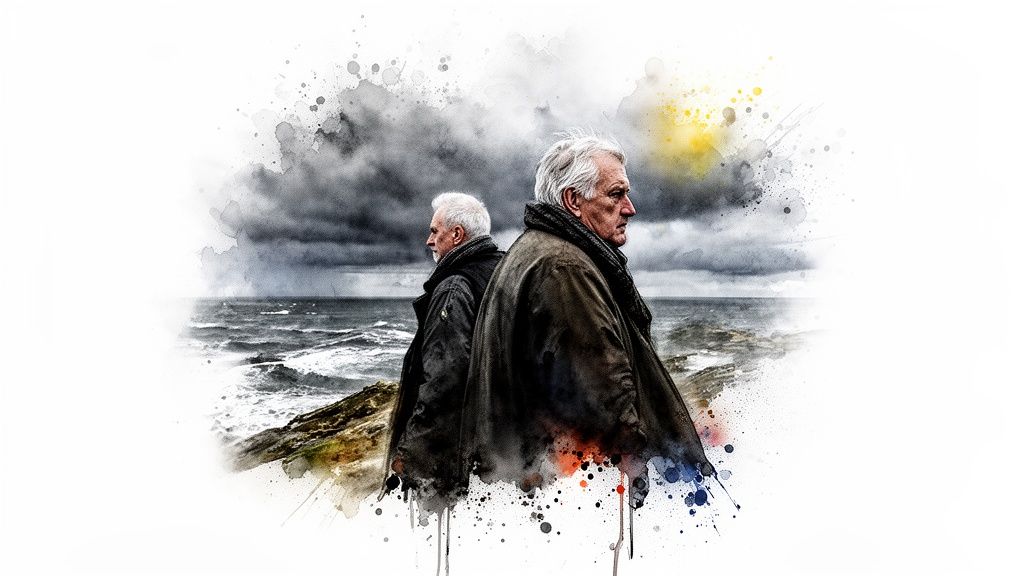 Zwei ältere Männer mit grauen Haaren blicken auf ein stürmisches Meer unter dunklen Wolken, im Aquarellstil.
