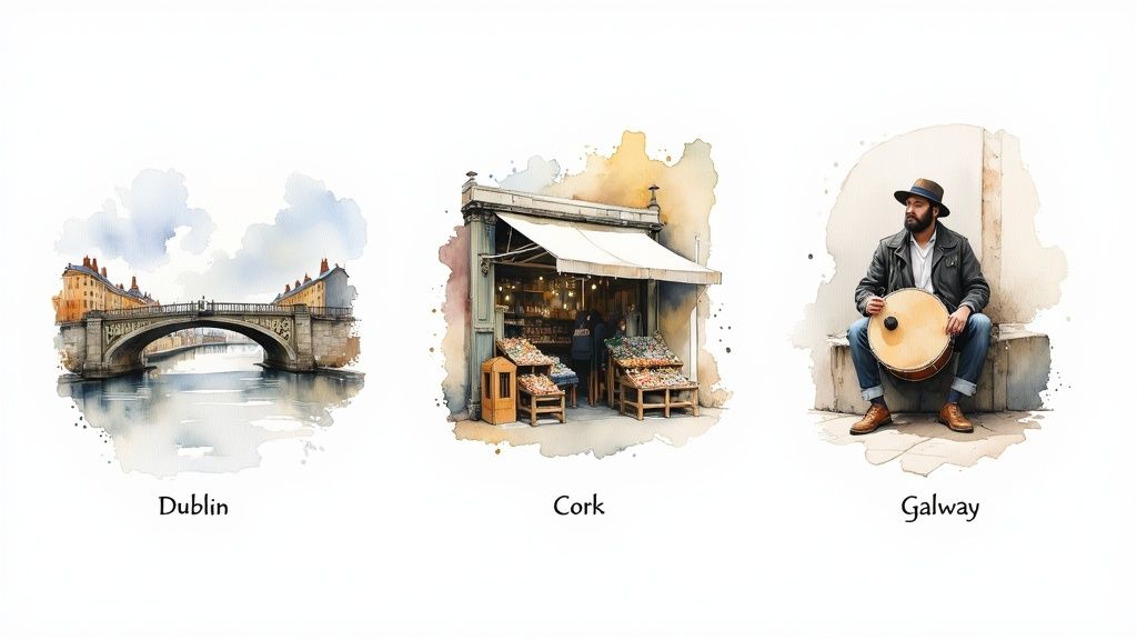 Aquarell-Illustrationen von Dublin, Cork und Galway in Irland, mit Stadtansichten und einem Musiker.