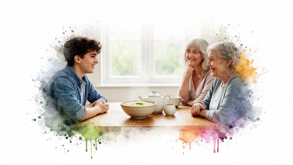 Ein lächelnder junger Mann mit zwei älteren Frauen an einem Tisch mit Essen und Tee, Aquarell-Effekt.