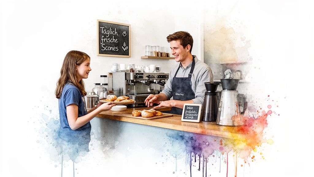 Junges Mädchen gibt lächelndem Barista frische Scones in einem gemütlichen Café.
