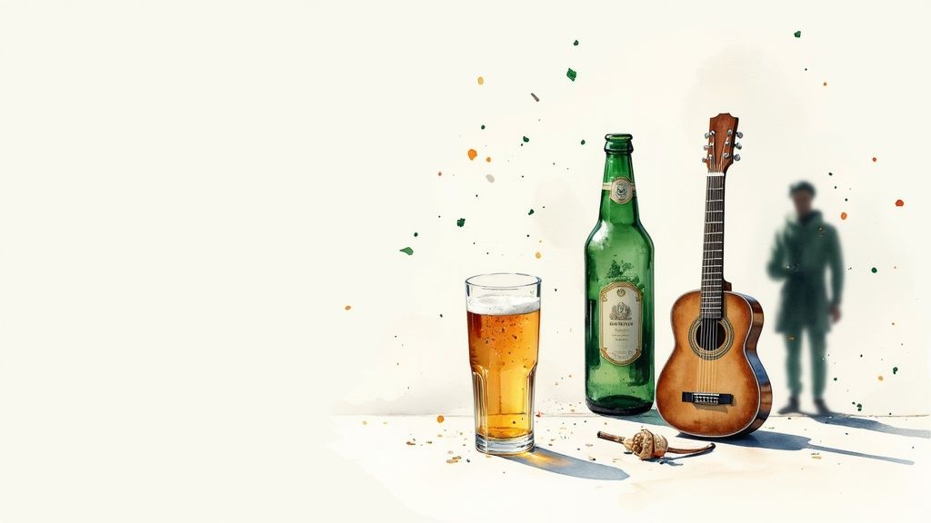 Bierglas, grüne Bierflasche und Gitarre mit verschwommener Person im Hintergrund und bunten Spritzern.