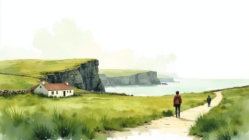 Aquarell einer grünen Küstenlandschaft mit einem kleinen Haus, hohen Klippen und zwei Wanderern am Meer.