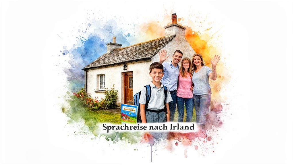 Eine lächelnde Familie steht vor einem traditionellen irischen Cottage mit Aquarell-Effekt und Text: Sprachreise nach Irland.