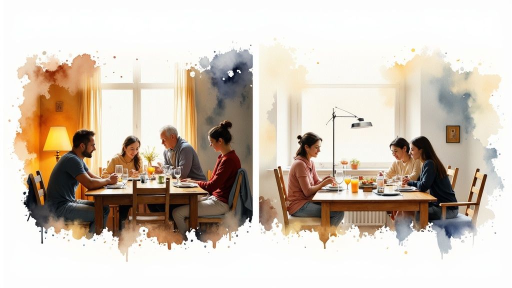 Zwei Gruppen Menschen speisen an Tischen in einem Bild mit lebhaftem Aquarell-Effekt.