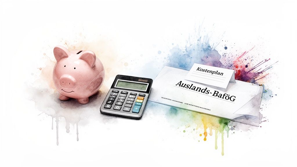 Ein rosa Sparschwein, Taschenrechner und Dokumente für Auslands-BaföG und Kostenplan mit Aquarell-Hintergrund.