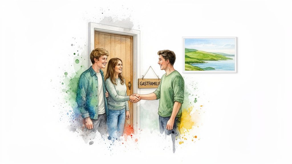 Drei junge Leute, zwei schütteln sich die Hände vor einer Tür mit GASTFAMILIE-Schild, im Aquarell-Stil.