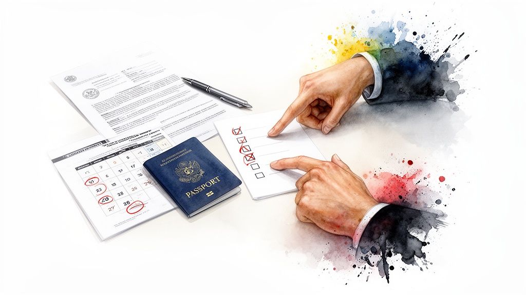 Zwei Hände deuten auf eine Checkliste neben einem Reisepass, Dokumenten und Kalender.