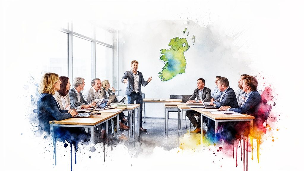 Geschäftsleute bei einem Meeting in einem hellen Büro, ein Mann präsentiert vor einer Aquarellkarte Irlands.