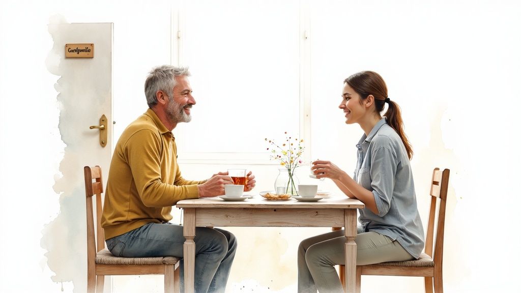 Ein lächelndes Paar genießt Tee oder Kaffee an einem Holztisch, mit Blumen in einer Vase.