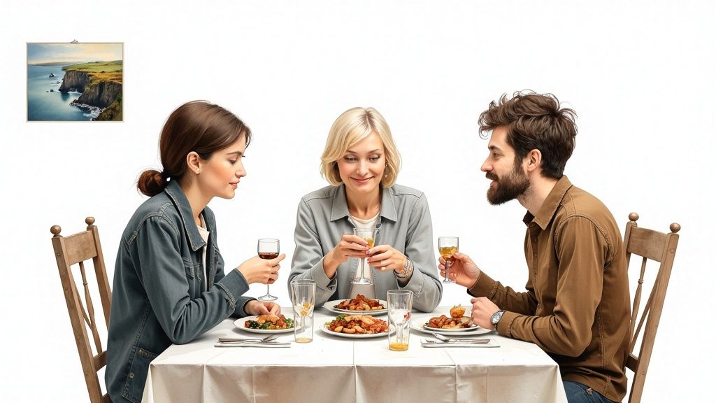 Drei Personen essen und trinken gemeinsam an einem Tisch, im Hintergrund ein Bild von irischen Klippen.