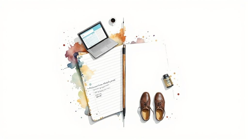 Flachauflage eines Arbeitsplatzes mit Laptop, Notizbuch, Stift, Kaffee, Tinte und Schuhen auf weißem Hintergrund.