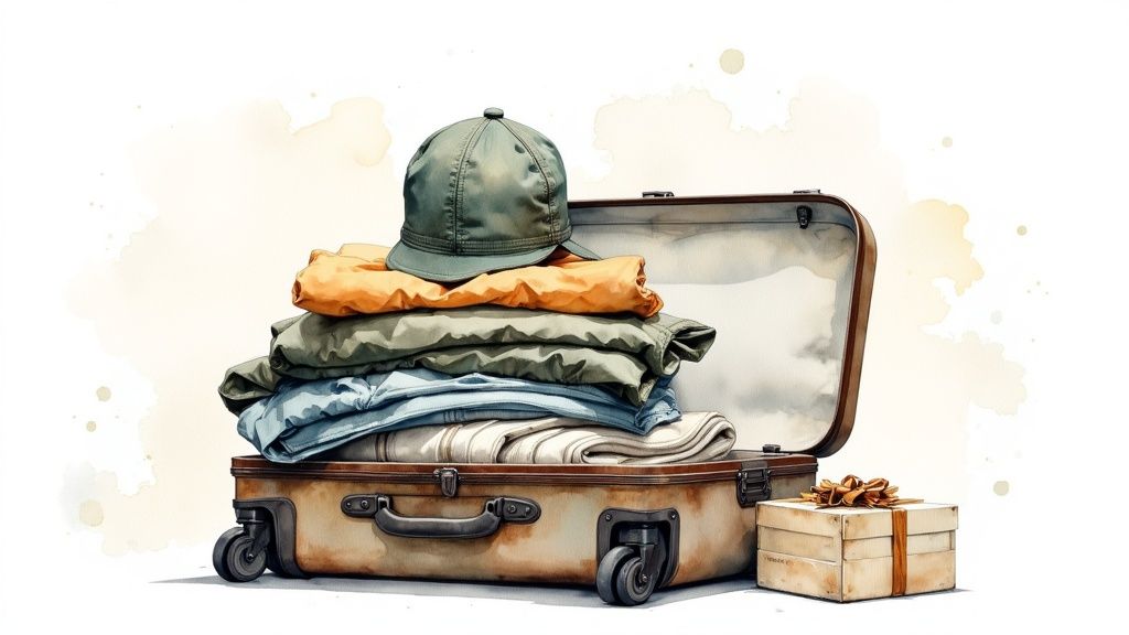 Ein offener Koffer mit gefalteter Kleidung, einer Mütze und einer Geschenkbox daneben. Bereit für die Reise.