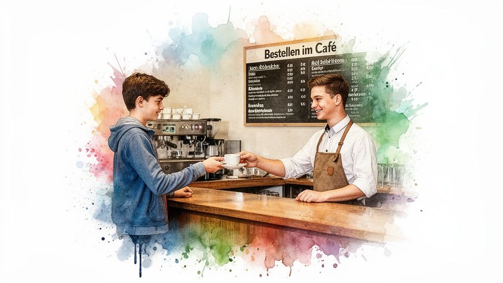 Ein lächelnder Barista übergibt einem Kunden eine Tasse Kaffee an der Theke, mit einer Speisekarte im Hintergrund.